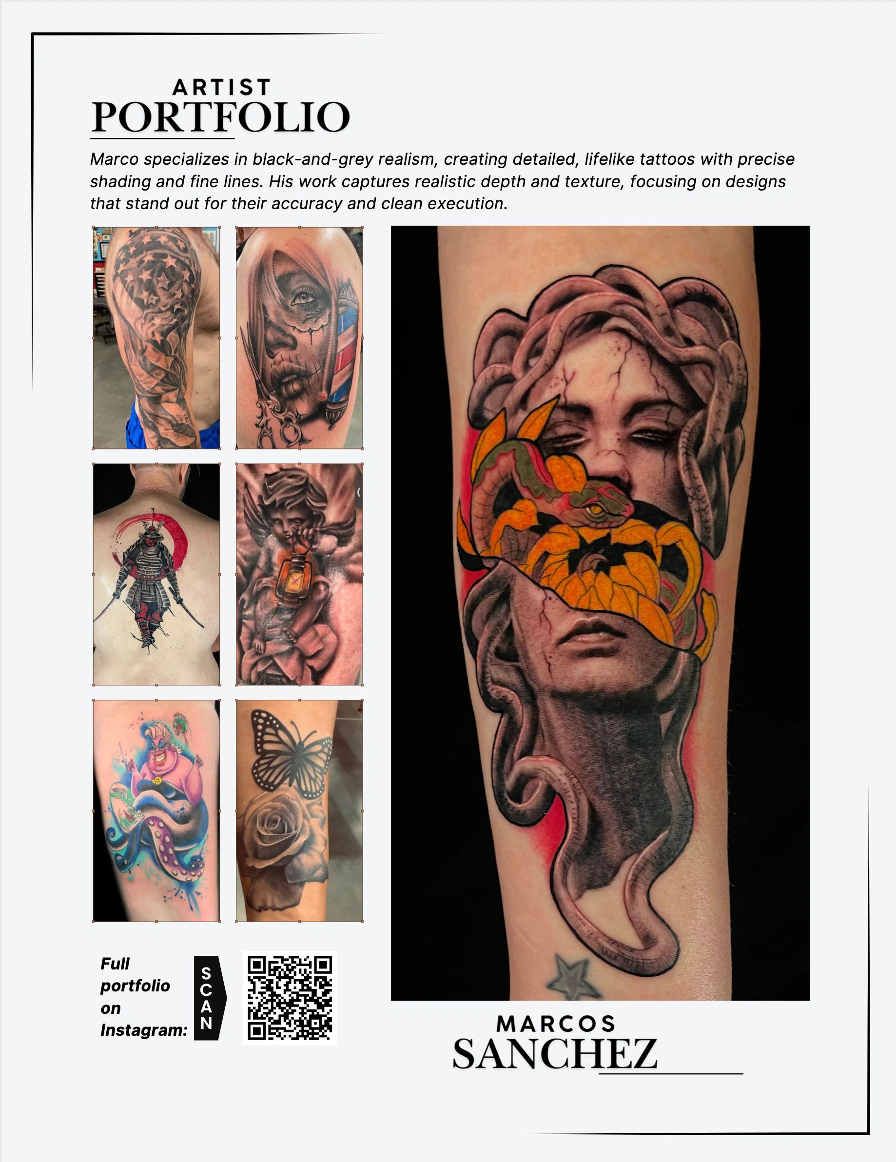 Portfolio showcase of Marcos Sanchez's tattoo artistry.