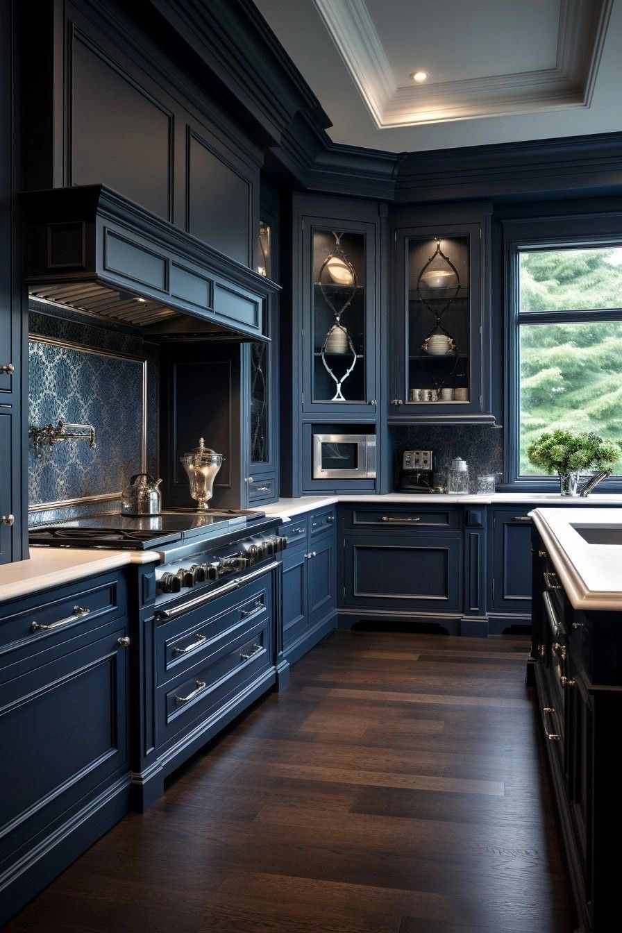 Elegant navy blue kitchen with white countertops and dark wood flooring.