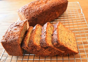 Side view of slices of banana bread laid against eachother