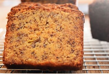 Close-up shot of a banana bread slice