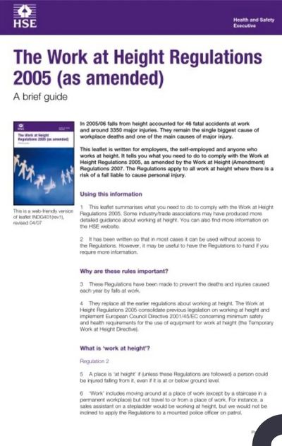 A brief guide on The Work at Height Regulations 2005 by HSE.