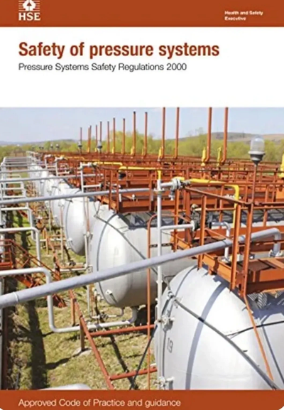 Cover of a safety guide on pressure systems with industrial tanks.