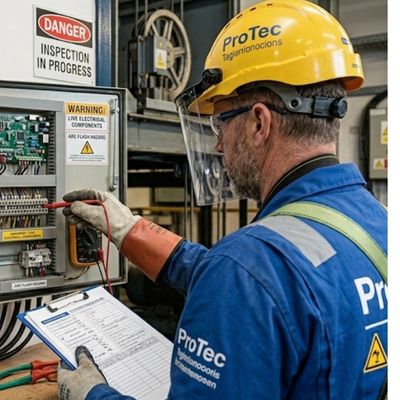 Technician inspecting electrical components with safety gear and checklist.