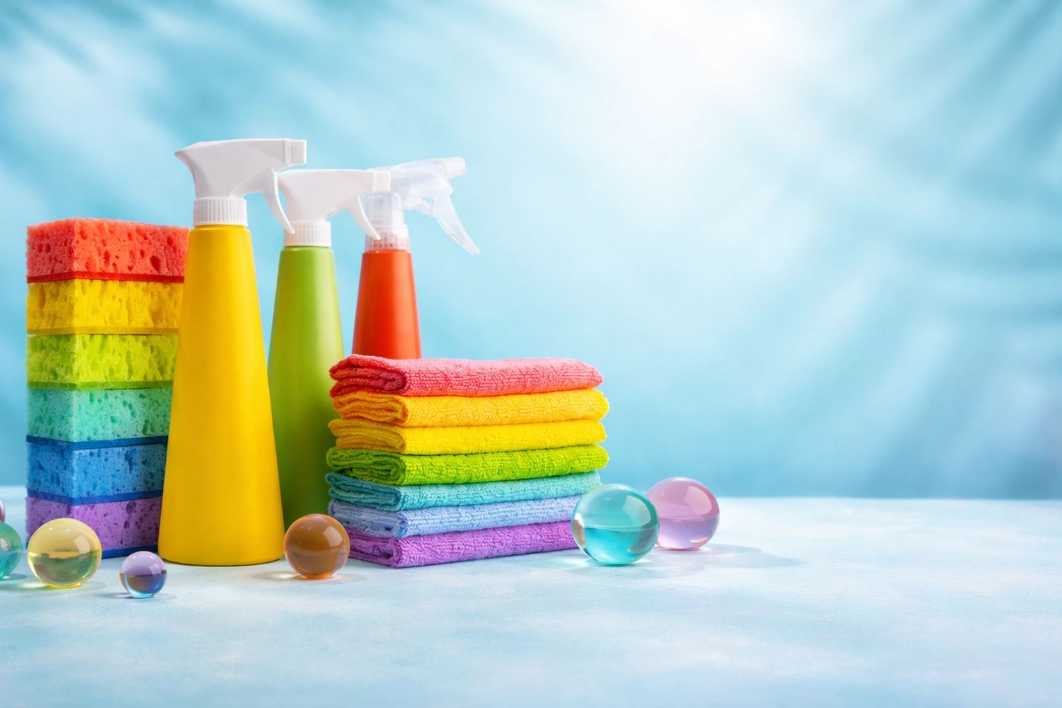 Colorful cleaning supplies including sponges, spray bottles, and cloths.