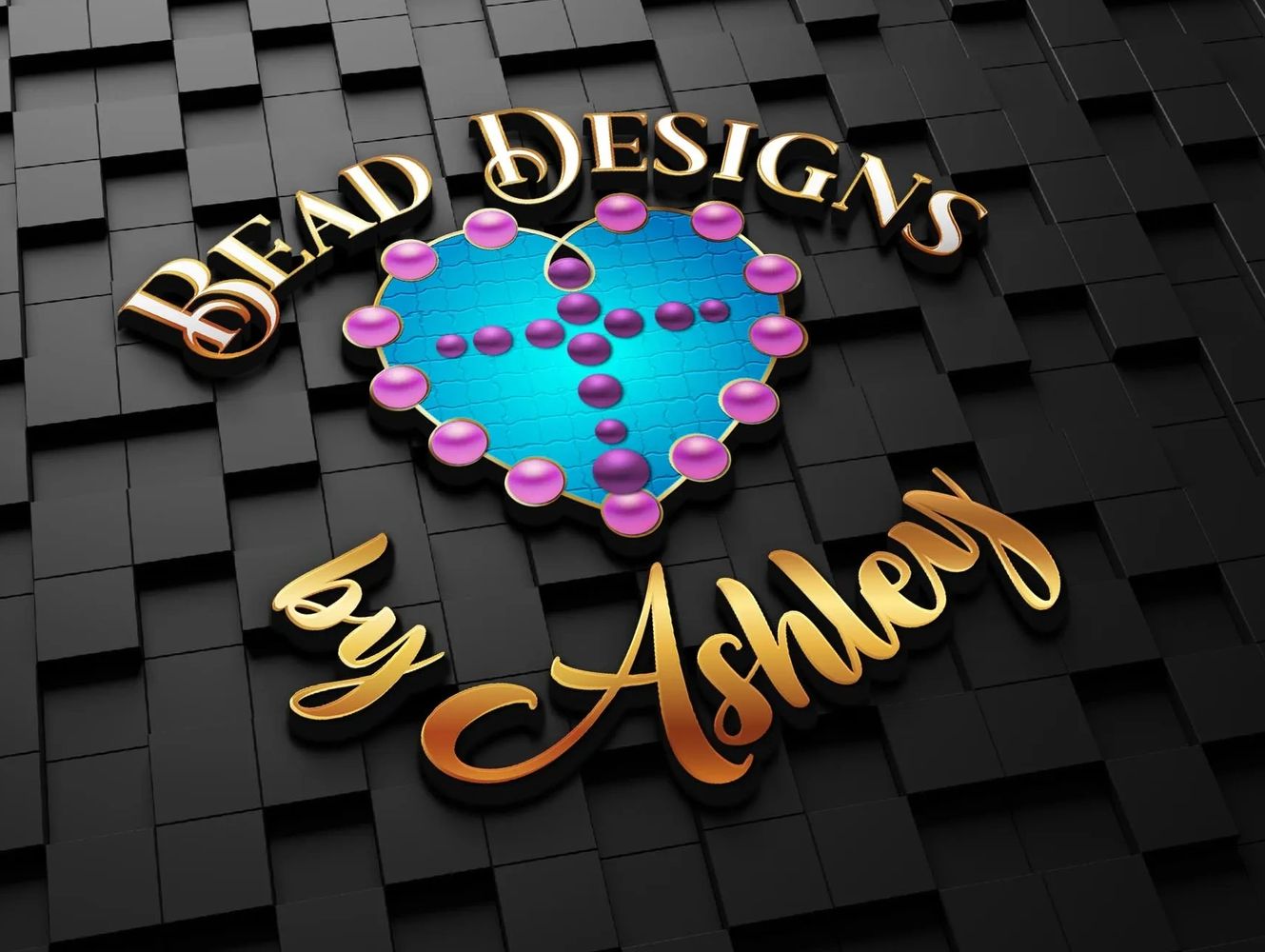 3D logo with gold text and a blue heart for Bead Designs by Ashley.