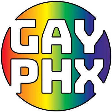 Logo with the text 'GAY PHX' in rainbow colors inside a circle.