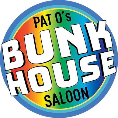 Colorful logo for Pat O's Bunk House Saloon with bold white text.