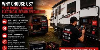 Mobile caravan electrical repair service with on-site specialists.