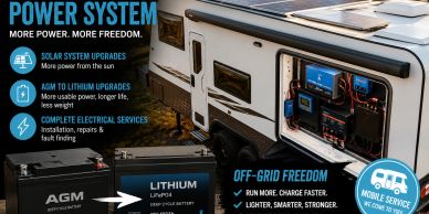 Off-grid RV power system with solar and lithium upgrades.