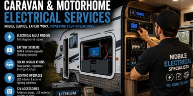 Mobile electrical specialist servicing a caravan's electrical system.
