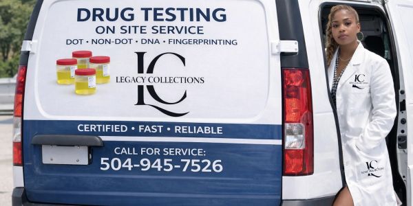Woman in lab coat standing by a drug-testing service van.
