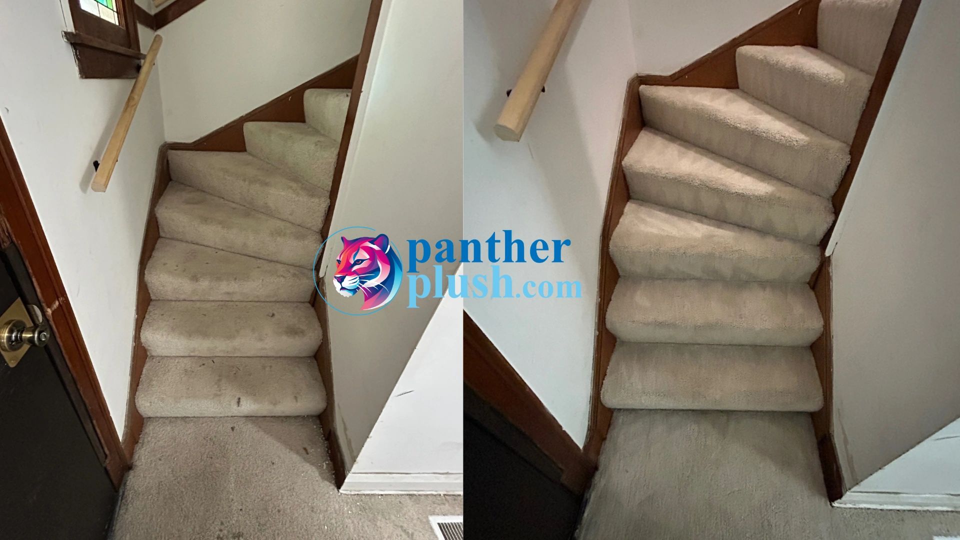 Before and after of dirty staircase being cleaned by carpet cleaning professional at Panther Plush.