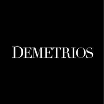 White text 'DEMETRIOS' on a black background.