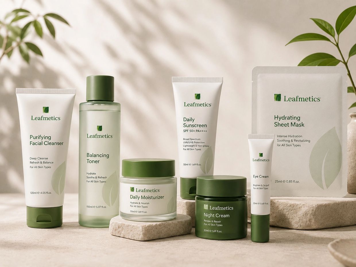Leafmetics skincare products arranged with natural, minimalistic design and green accents.
