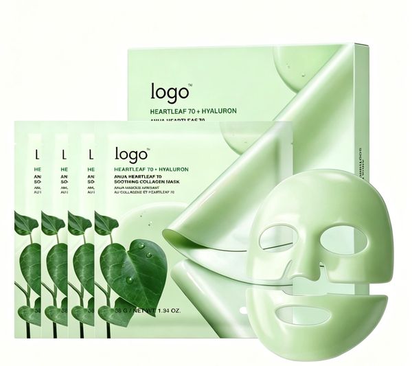 Green collagen face masks with heartleaf extracts in sleek packaging.