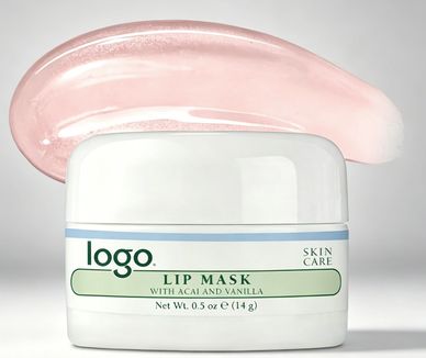 Lip mask container with acai and vanilla, and a pink smear behind it.