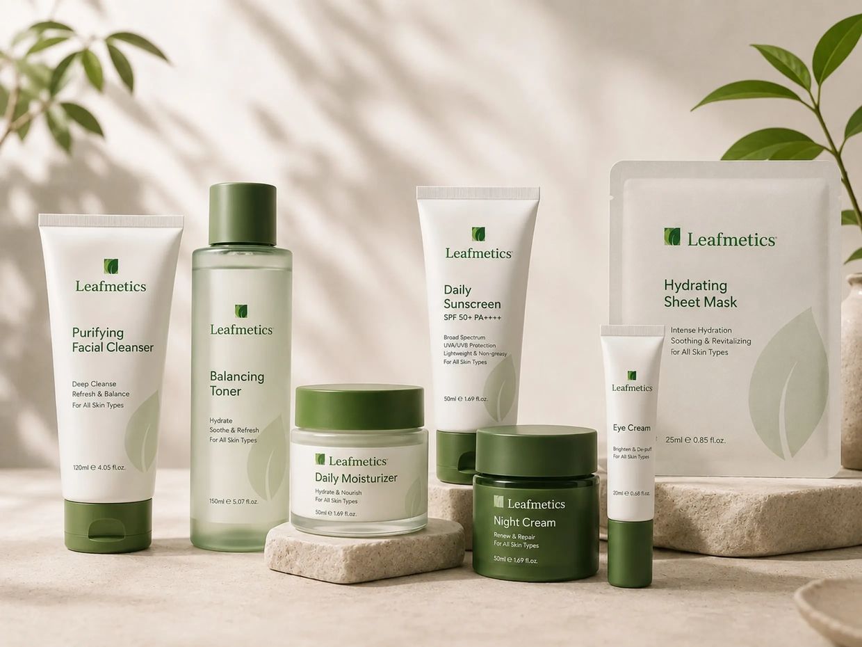 Leafmetics skincare products arranged neatly with natural, minimalistic design.