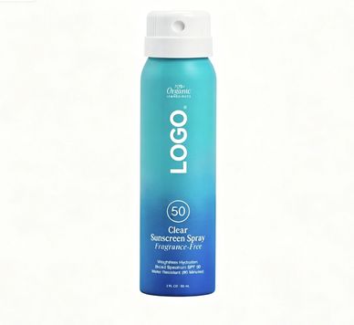 Blue sunscreen spray bottle with SPF 50 and fragrance-free label.