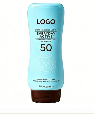 Blue sunscreen bottle with SPF 50 and water-resistant formula.