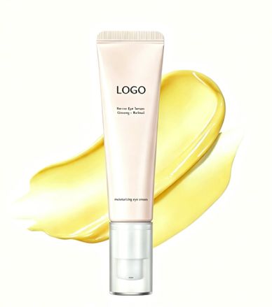 Tube of moisturizing eye cream with yellow serum smear.