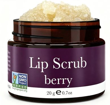 Jar of berry-flavored lip scrub with a purple label and Non-GMO Project Verified logo.