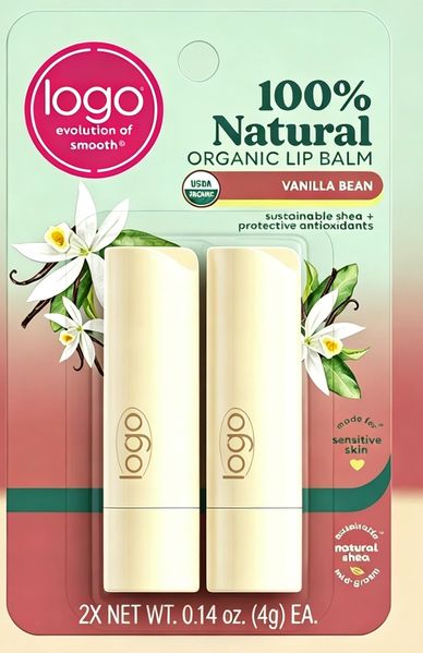 Organic vanilla bean lip balm with natural shea and antioxidants for sensitive skin.