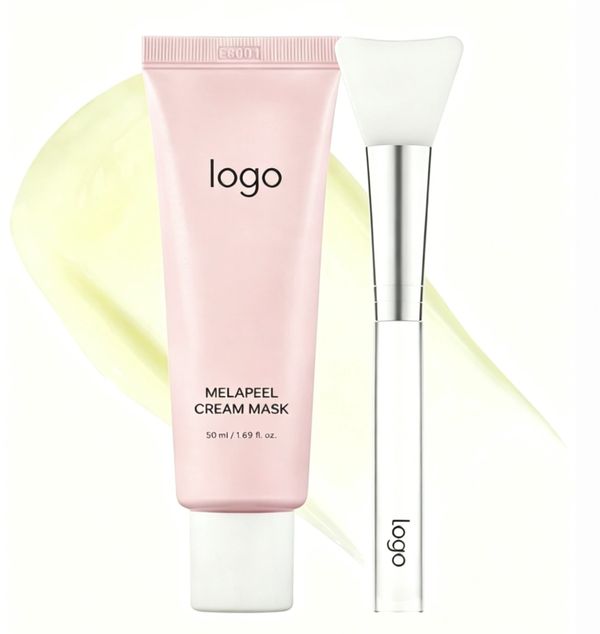 Pink tube of Melapeel cream mask with application brush, both labeled 'logo'.