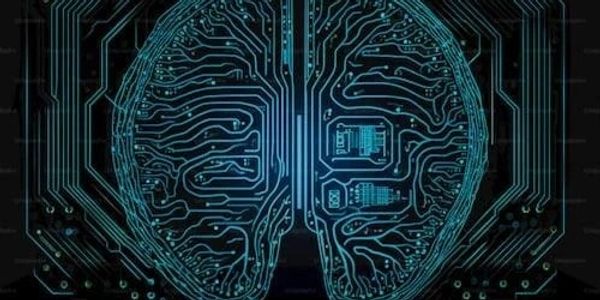 Digital circuit pattern forming a brain shape representing AI technology.