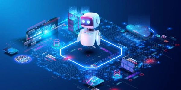 A futuristic AI robot floating above a digital circuit board with holographic data displays.
