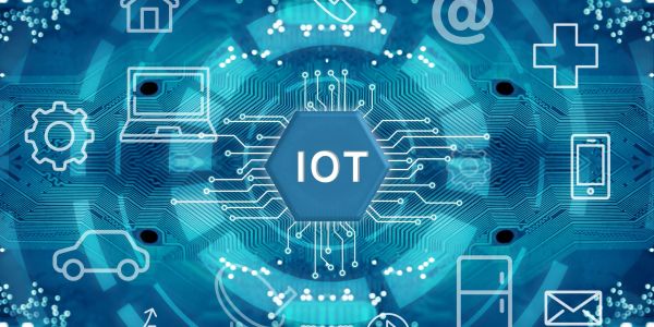 Digital IoT network connecting various smart devices.