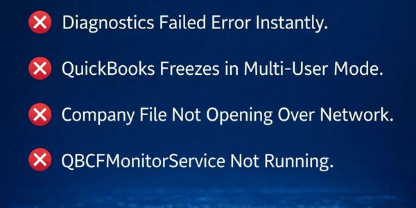 List of QuickBooks errors including diagnostics failure and freezing in multi-user mode.