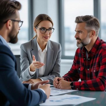 Three professionals engaged in a business meeting with documents on the table.