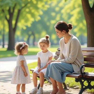 Mother and two daughters spending time together on a park bench on a sunny day.