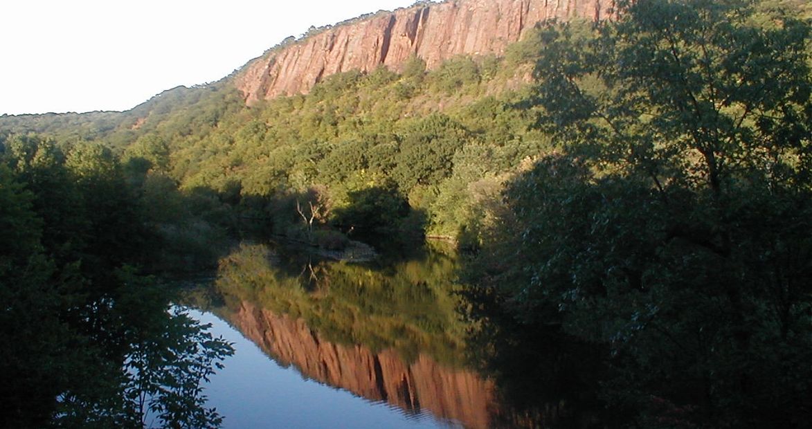 A view of the lower Mill River and East Rock from College Woods.