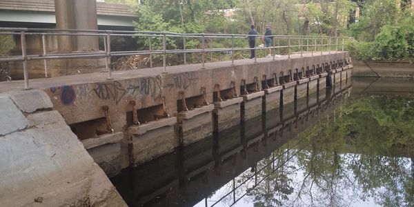 The tide gates on the Mill River near State Street in New Haven along the Mill River Trail.