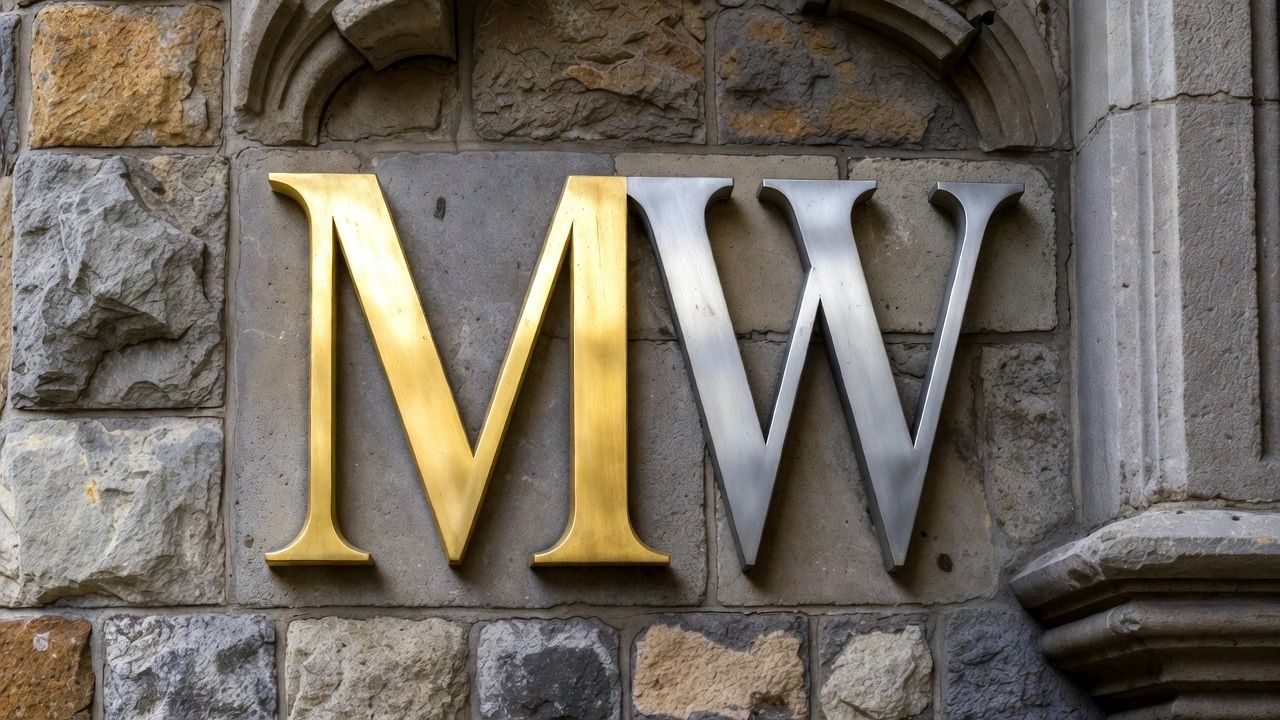Gold and silver letters 'MW' mounted on a stone wall.