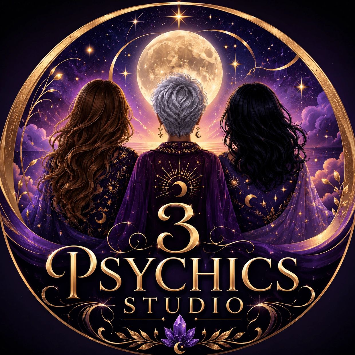 Three women with celestial robes under a glowing full moon.