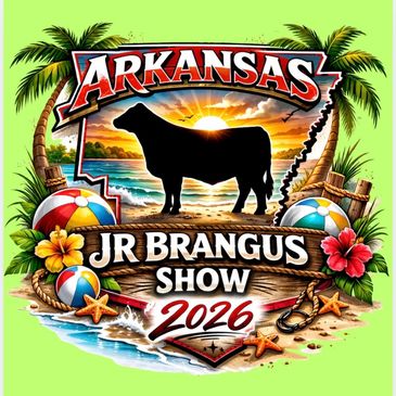 Colorful logo for Arkansas Jr Brangus Show 2026 with tropical beach elements.