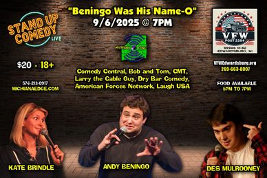 A flyer for a Stand Up comedy show with Andy Beningo in Edwardsburg.
