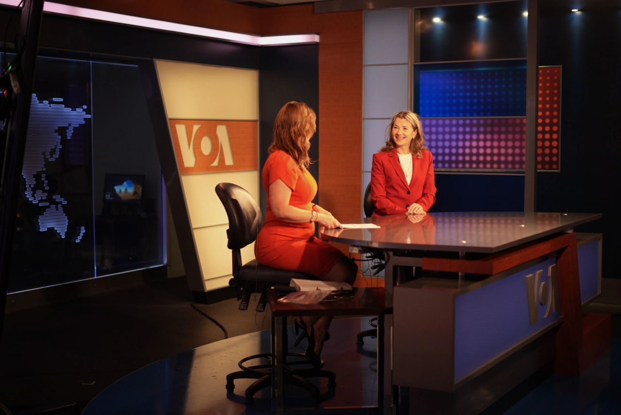 Natasha Srdoc at the Voice of America television studios in Washington, DC with Inda Swanke, journalist and presenter at VOA.