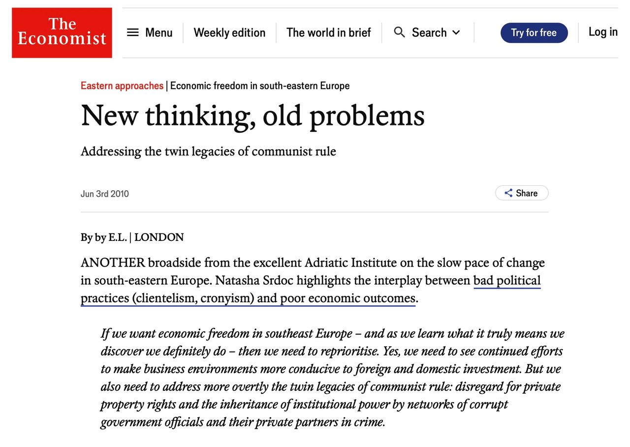 The Economist | New thinking, old problems authored by Edward Lucas highlighting Natasha Srdoc's piece titled "Why We Aren’t Free Yet" — first published in Balkan Insight. Srdoc had served on the Advisory Board of BIRN — Balkan Insight.  