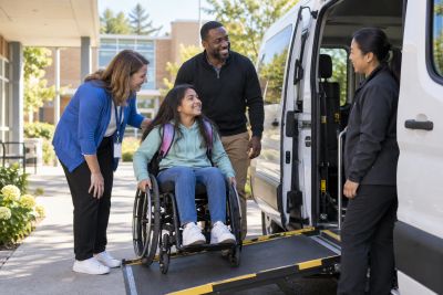 A girl in a wheelchair is helped onto a van by her family and a driver.