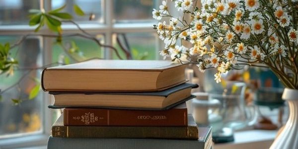 Stack of books on a wooden table by a window with a vase of white flowers.