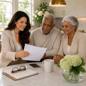 Young woman discussing a document with an elderly couple at a table.