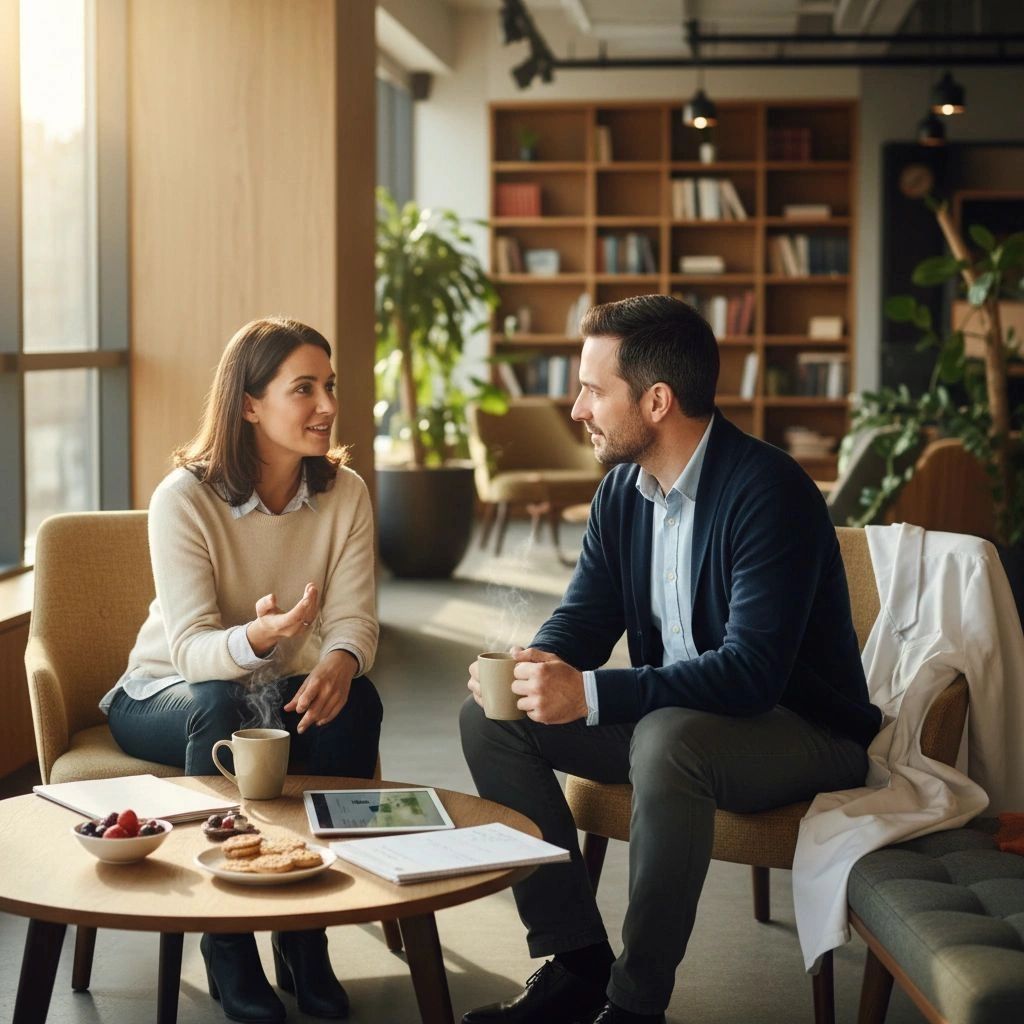 A doctor having an appraisal discussion in a cosy office lounge.