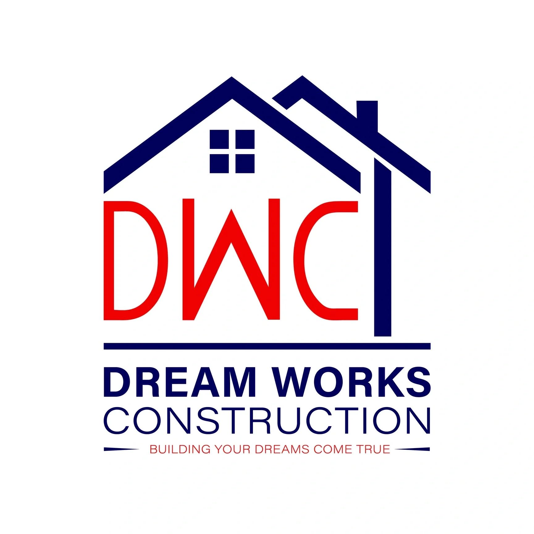 Logo for Dream Works Construction featuring a house roof and tagline.