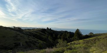 The sloping green hills of Mount Tamalpais drift off into the horizon of the Pacific coast.