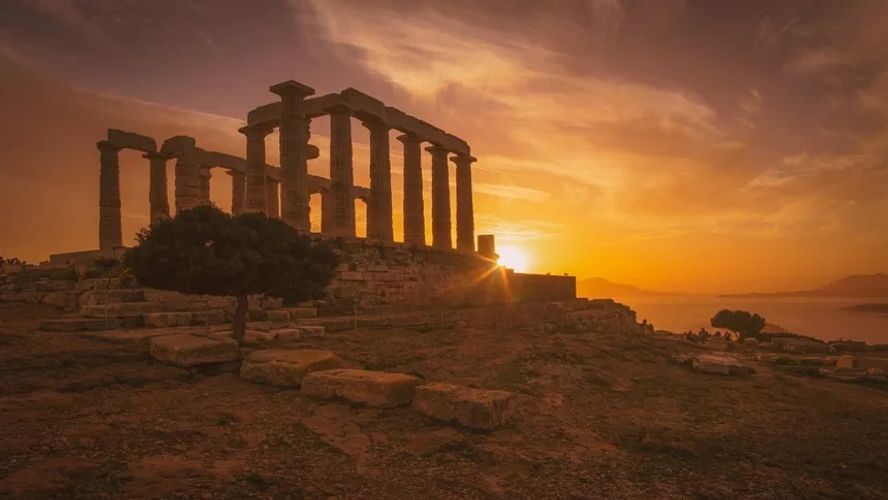 Greek ruins at sunset