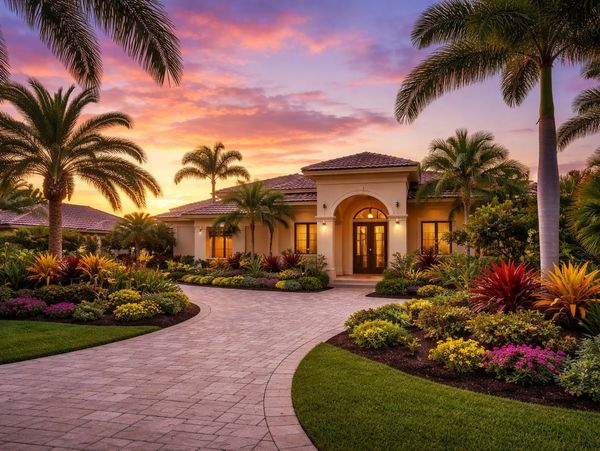 Luxurious house with palm trees and colorful garden at sunset.