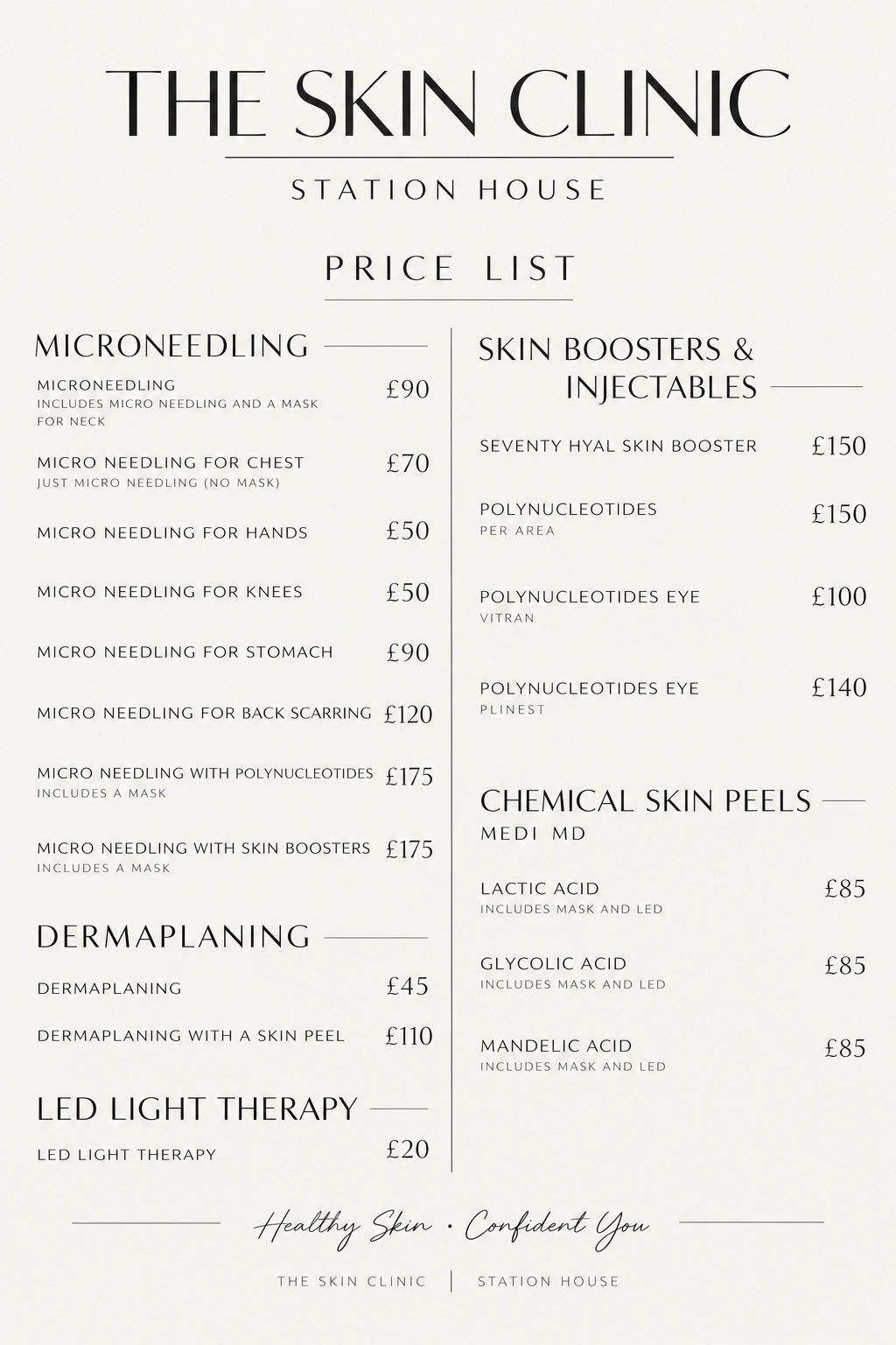 Price list for skin treatments including microneedling, dermaplaning, LED therapy, boosters, injectables, and chemical peels.